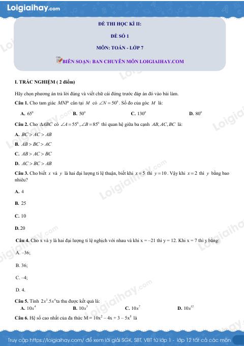 Đề thi học kì 2 Toán 7 - Đề số 1 - Chân trời sáng tạo